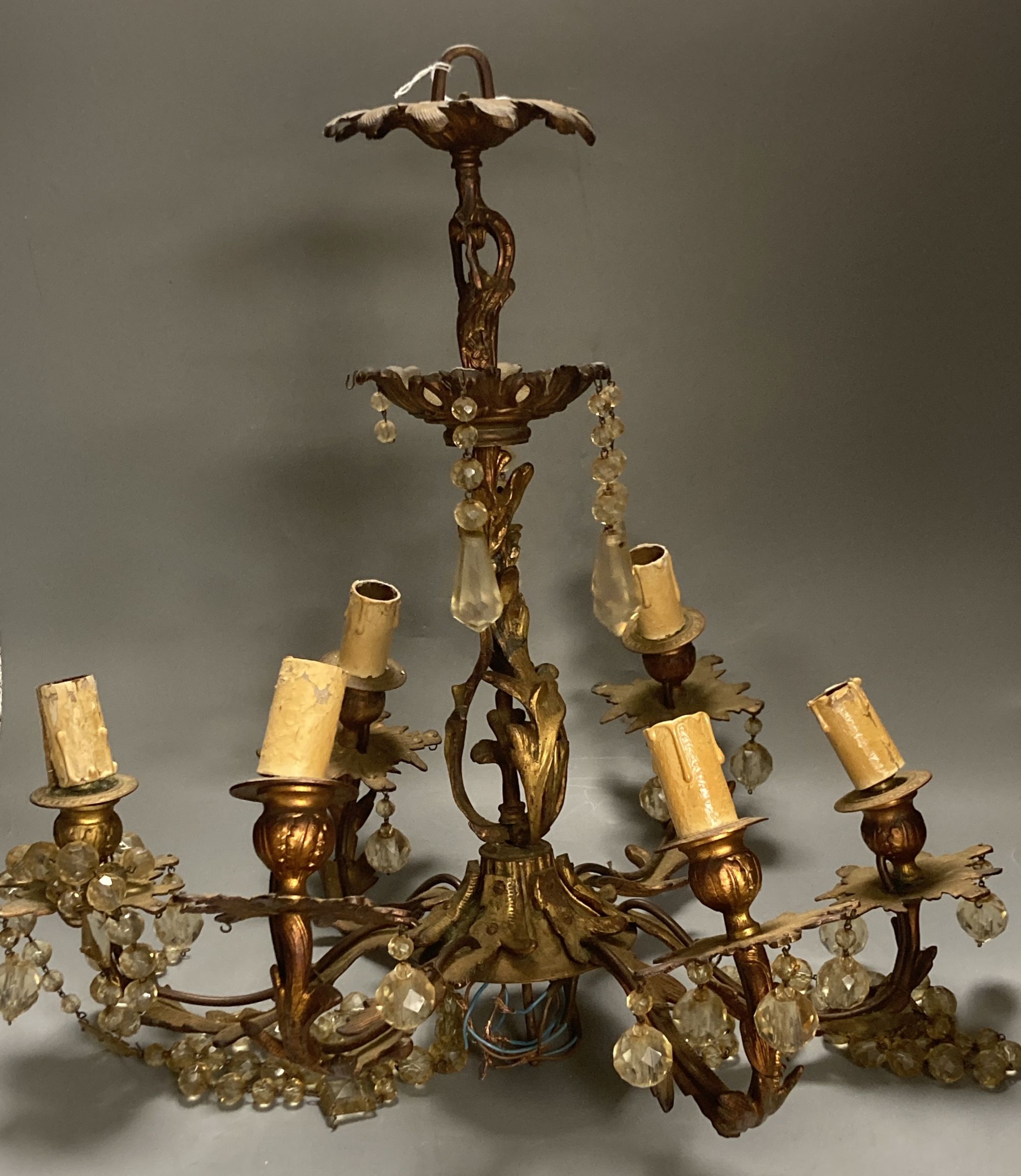 A six branch gilt metal and lustre electrolier